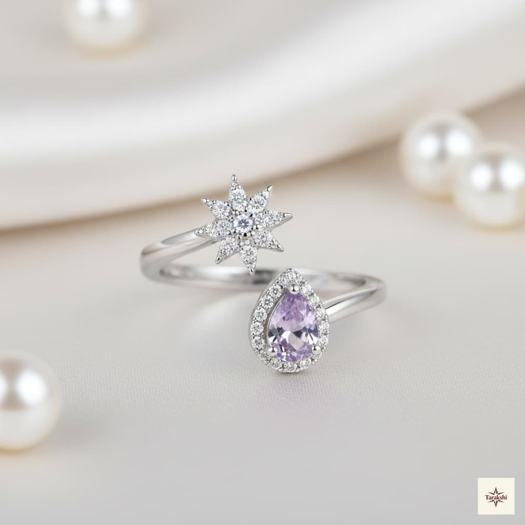 Silver Starburst & Pear Open Ring image 1