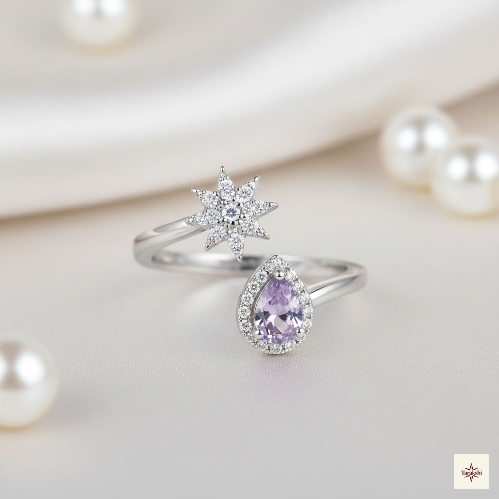 Silver Starburst & Pear Open Ring