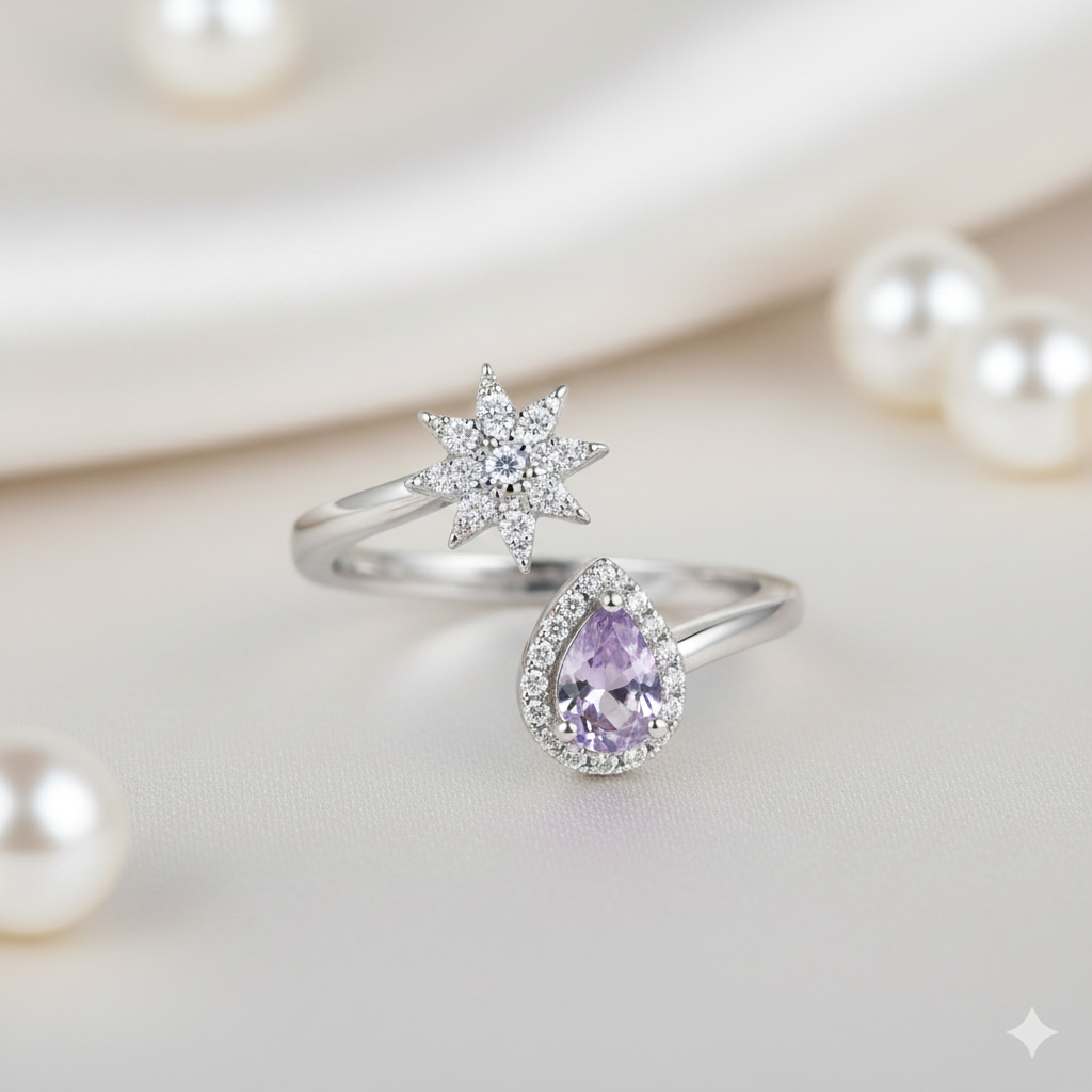 Silver Starburst & Pear Open Ring image 1