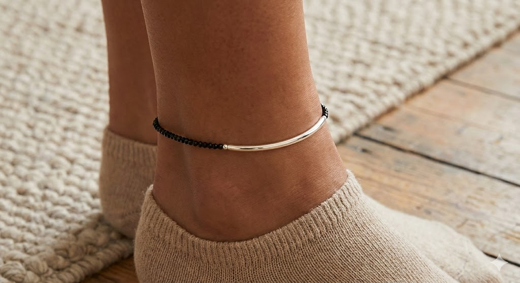 Sleek Silver Tube Black Crystal Nazariya Anklet (Pair) thumbnail 3