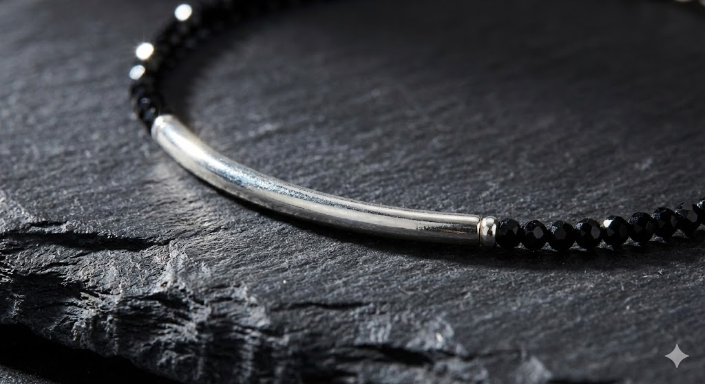 Sleek Silver Tube Black Crystal Nazariya Anklet (Pair) thumbnail 4