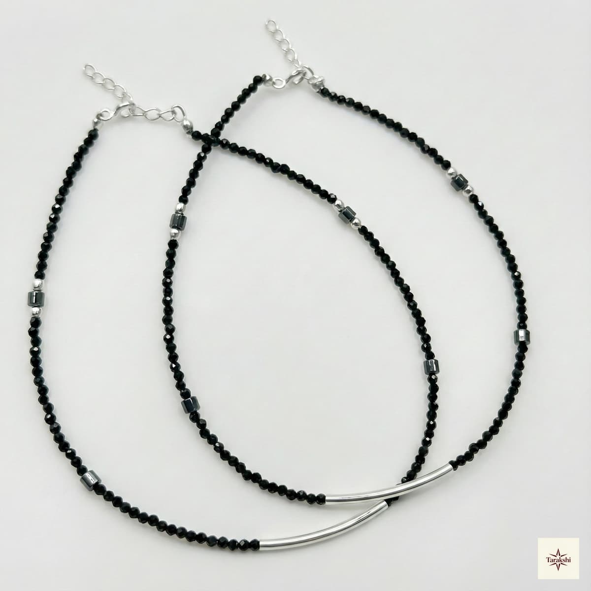 Sleek Silver Tube Black Crystal Nazariya Anklet (Pair) image 1