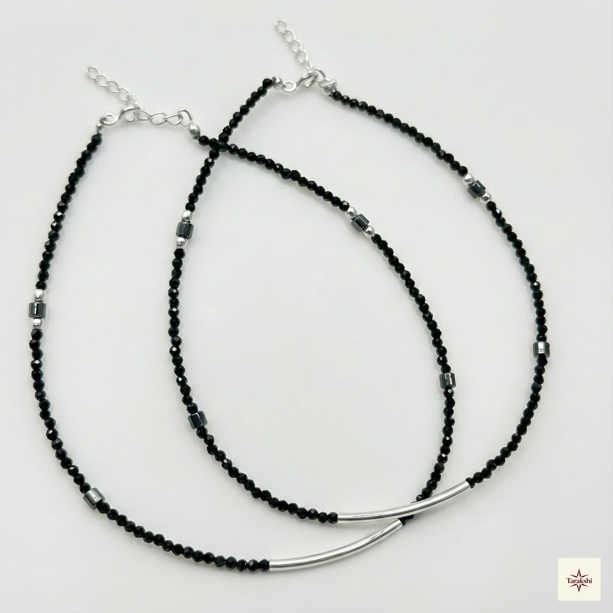 Sleek Silver Tube Black Crystal Nazariya Anklet (Pair)