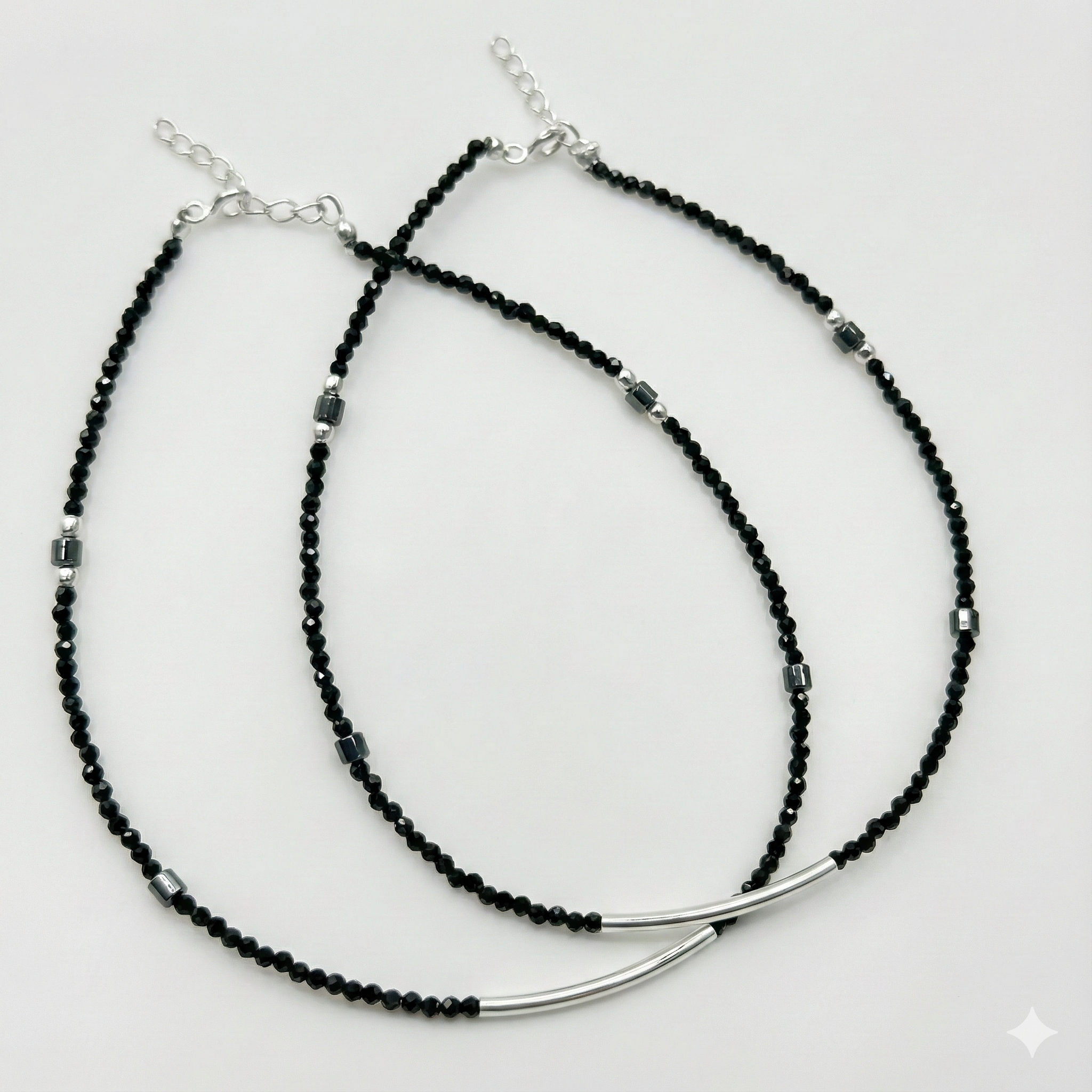 Sleek Silver Tube Black Crystal Nazariya Anklet (Pair) thumbnail 1