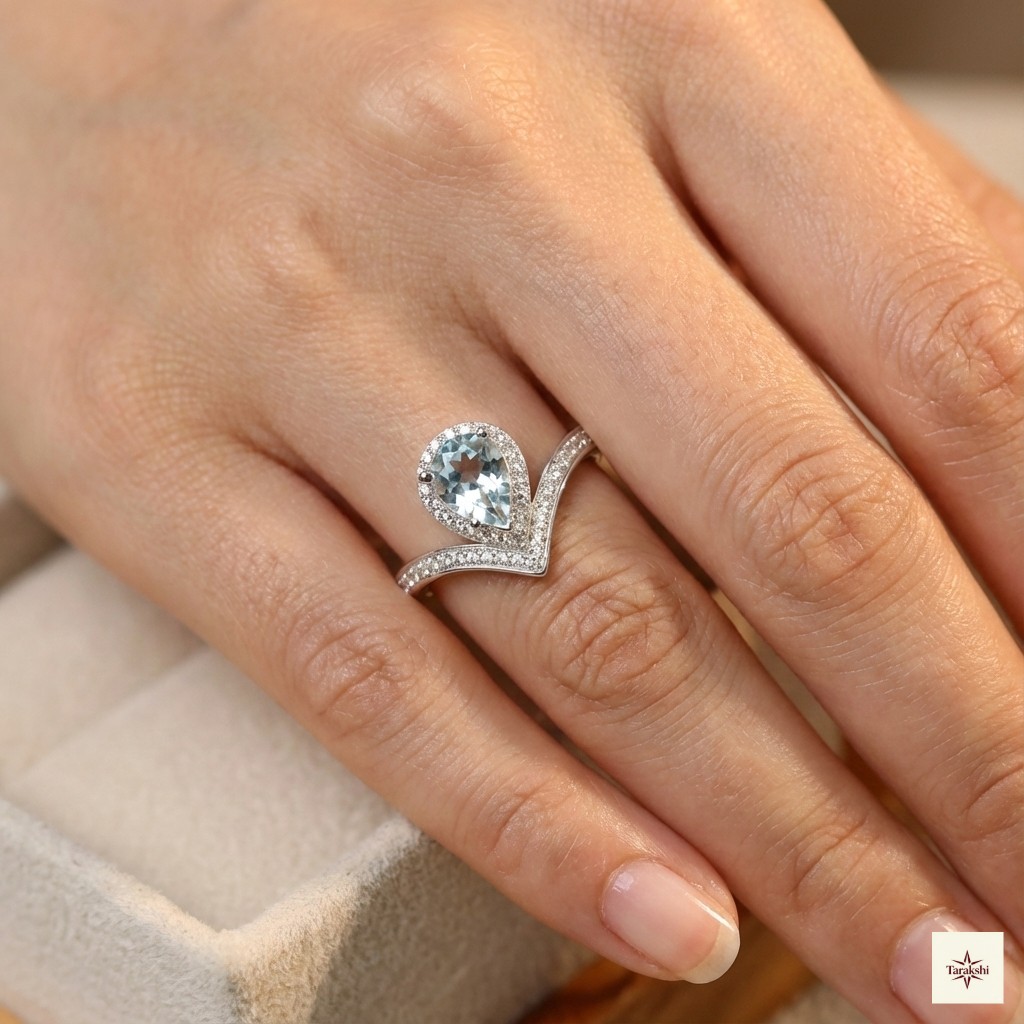 Silver Aquamarine Pear Wishbone Ring