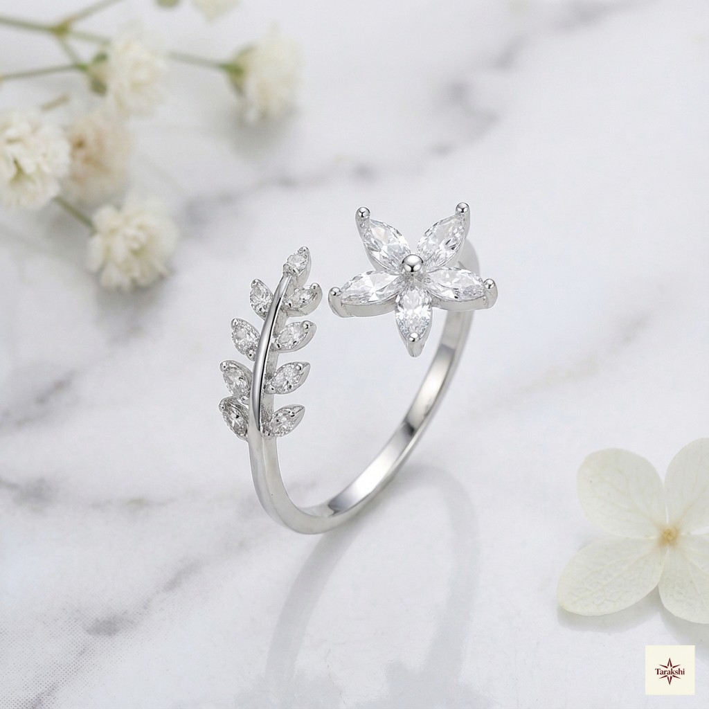 Silver Floral & Leaf Bypass Ring image 1