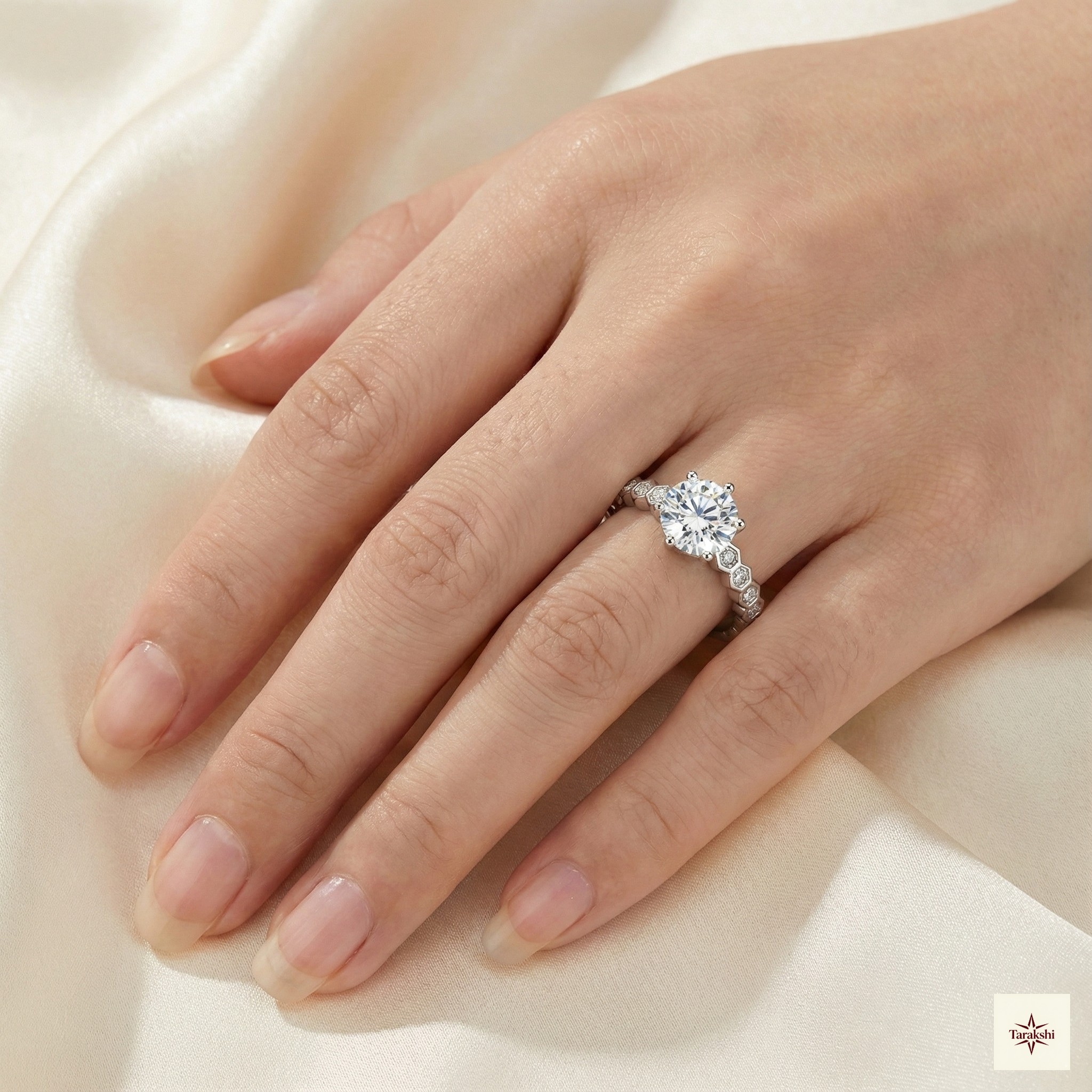 Silver Hexagon Band Solitaire Ring thumbnail 2