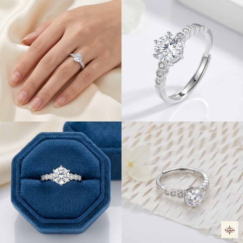 Silver Hexagon Band Solitaire Ring thumbnail 3