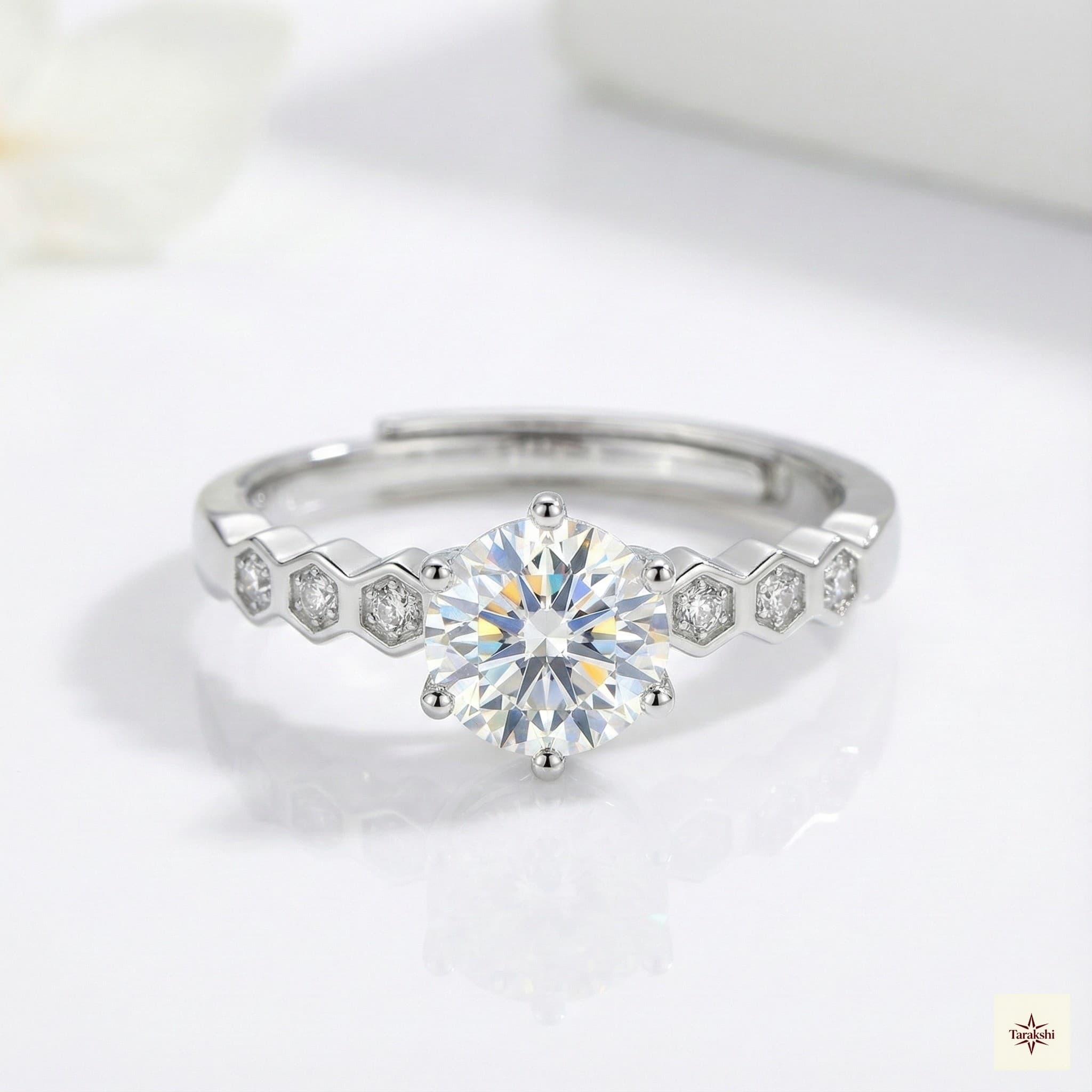 Silver Hexagon Band Solitaire Adjustable Ring