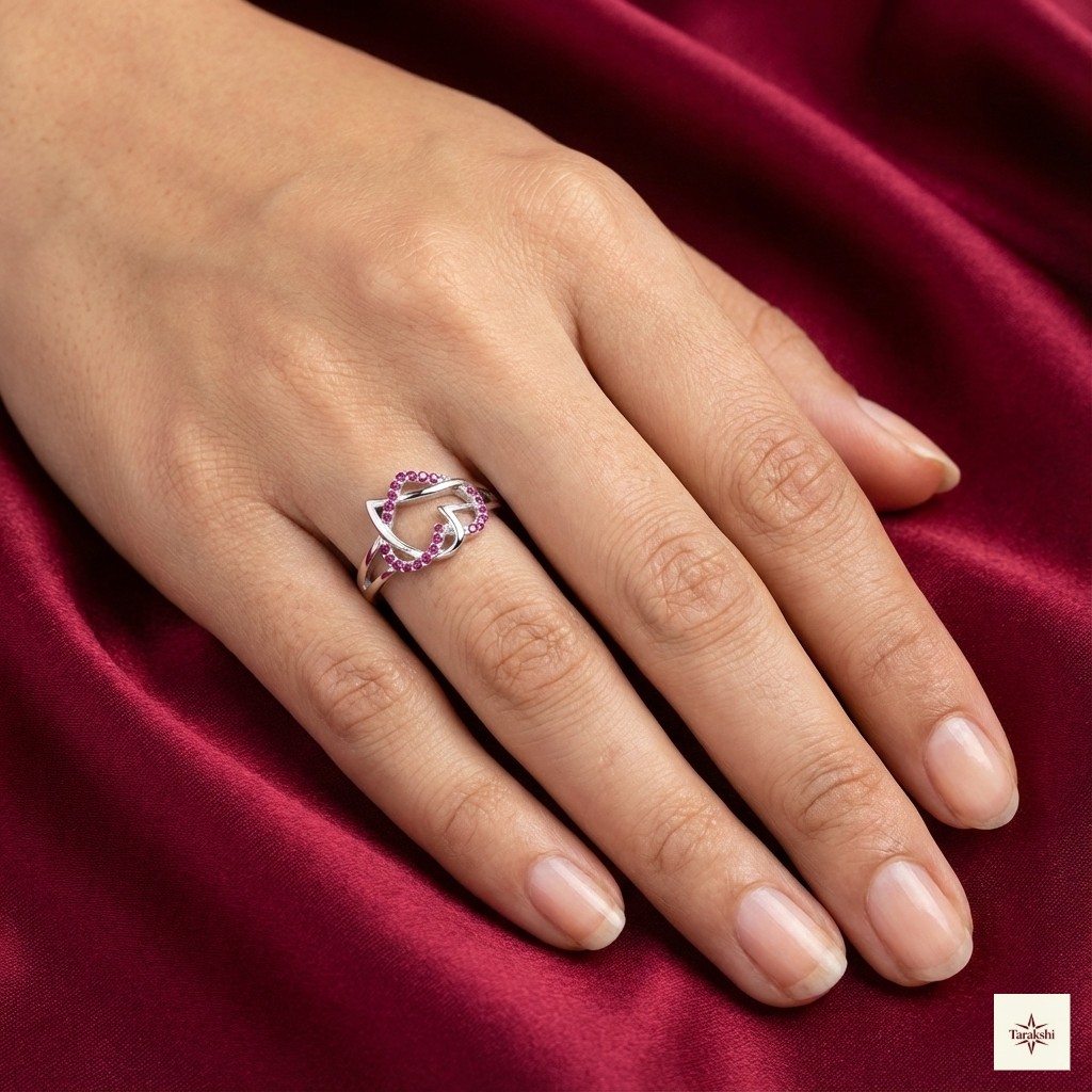 Silver Interlocking Pink Heart Ring thumbnail 3