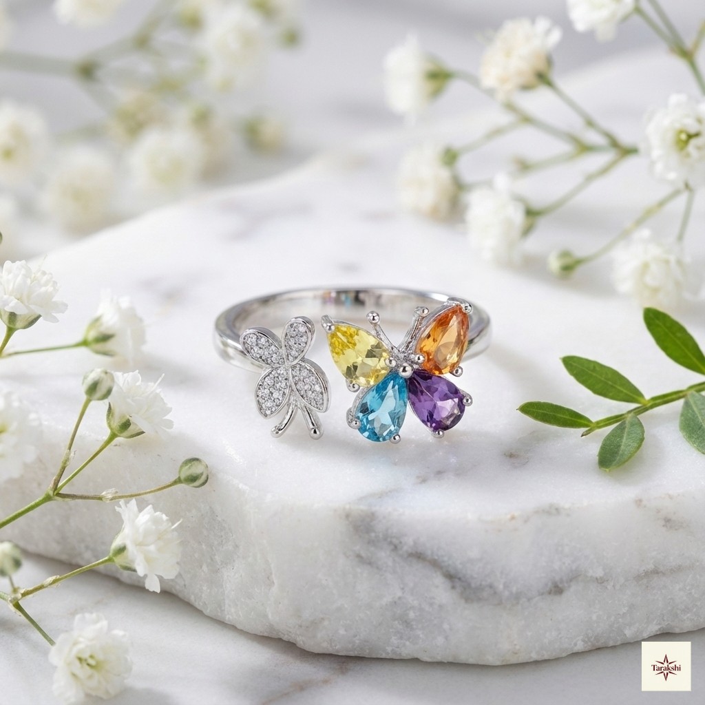 Silver Multi-Color Crystal Butterfly Open Ring thumbnail 2