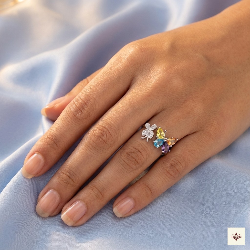 Silver Multi-Color Crystal Butterfly Open Ring image 1
