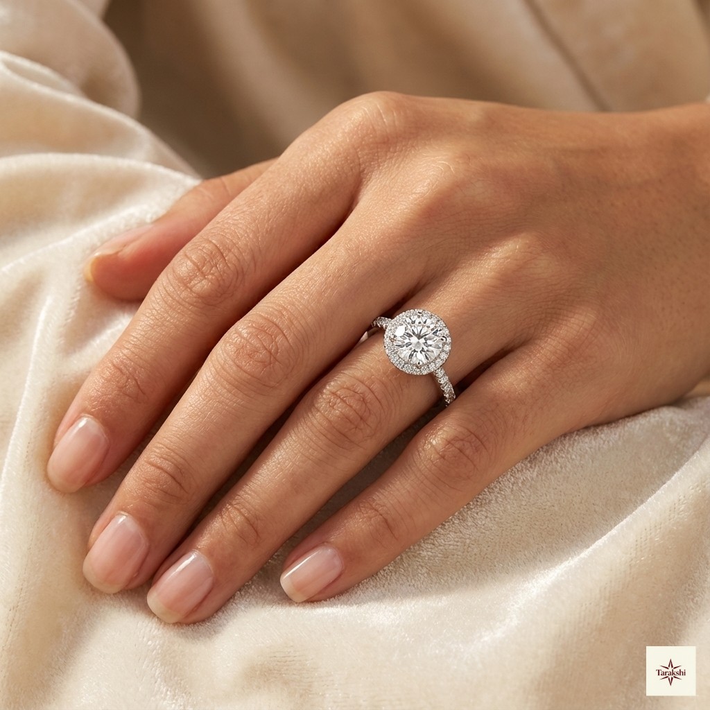 Silver Round Halo Solitaire Ring thumbnail 2