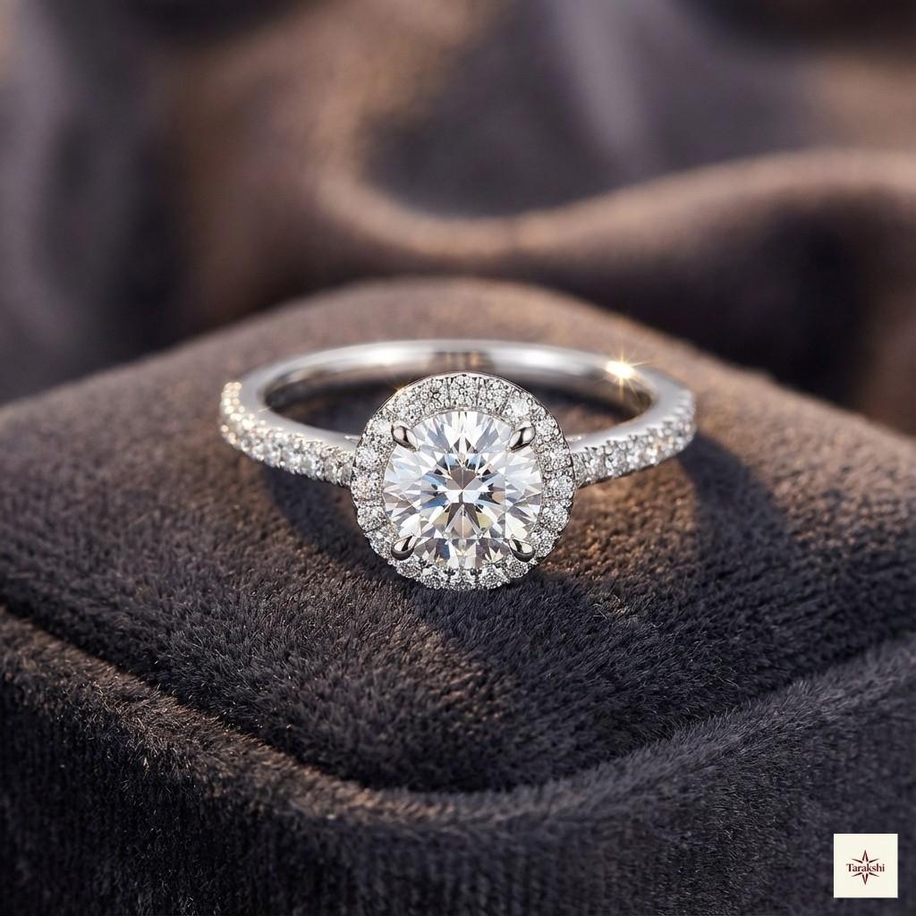 Silver Round Halo Solitaire Ring thumbnail 1