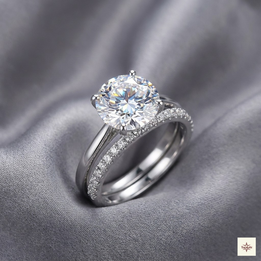 Silver Round Solitaire Bridal Ring Set