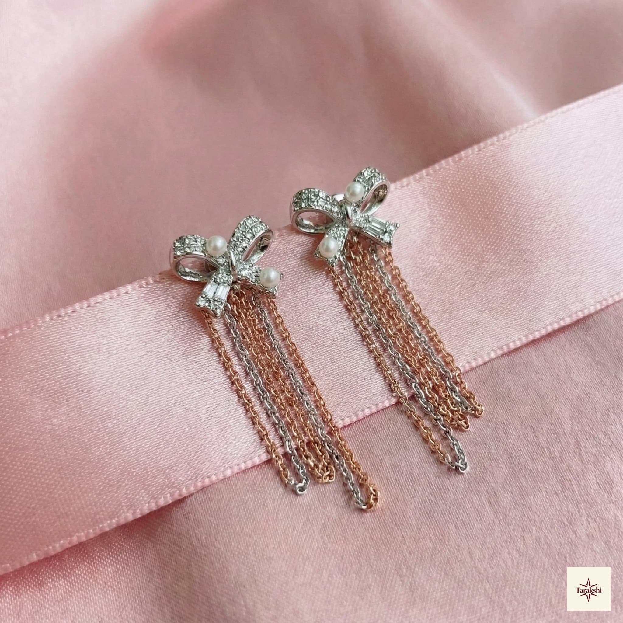 Crystal Bow & Pearl Tassel Earrings