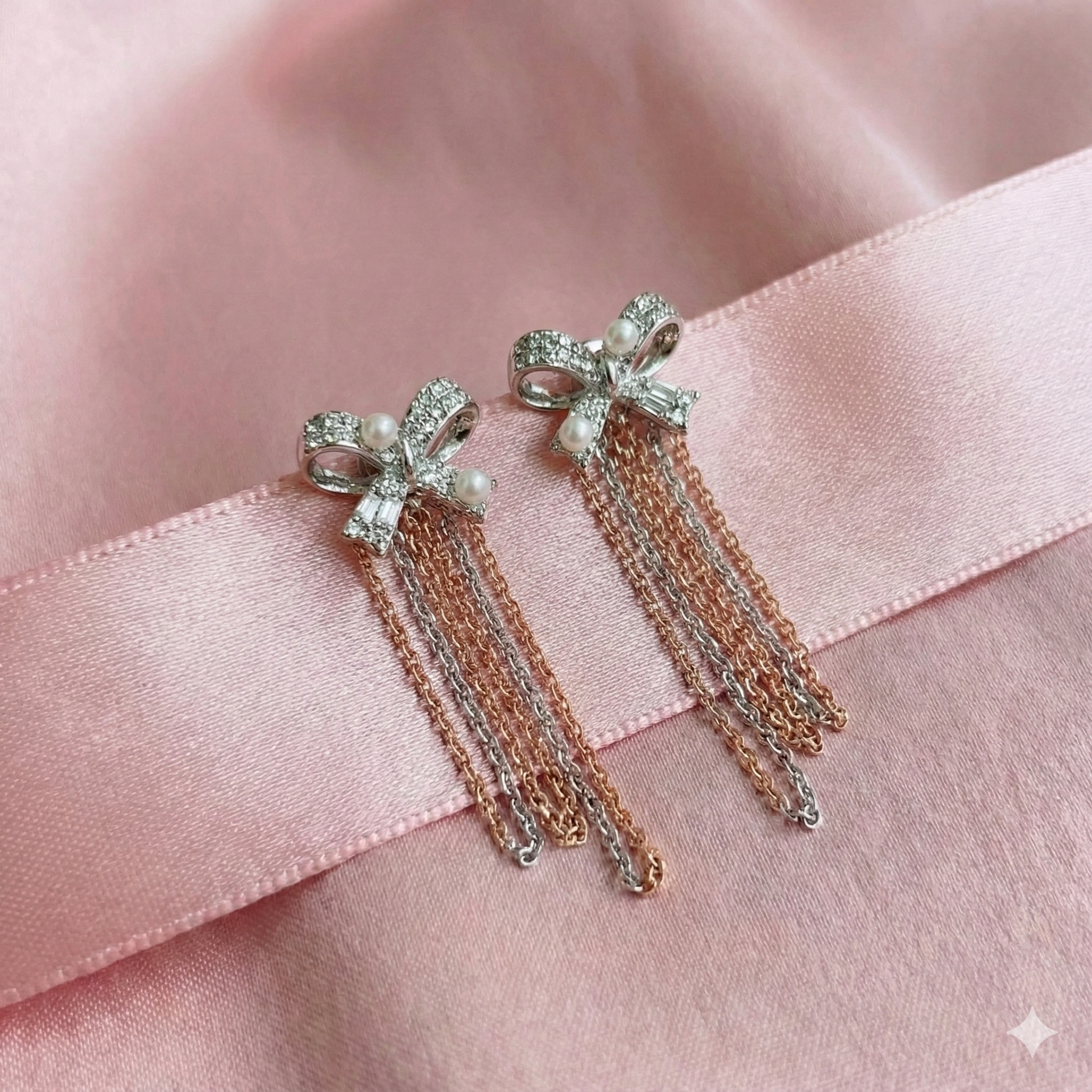 Crystal Bow & Pearl Tassel Earrings