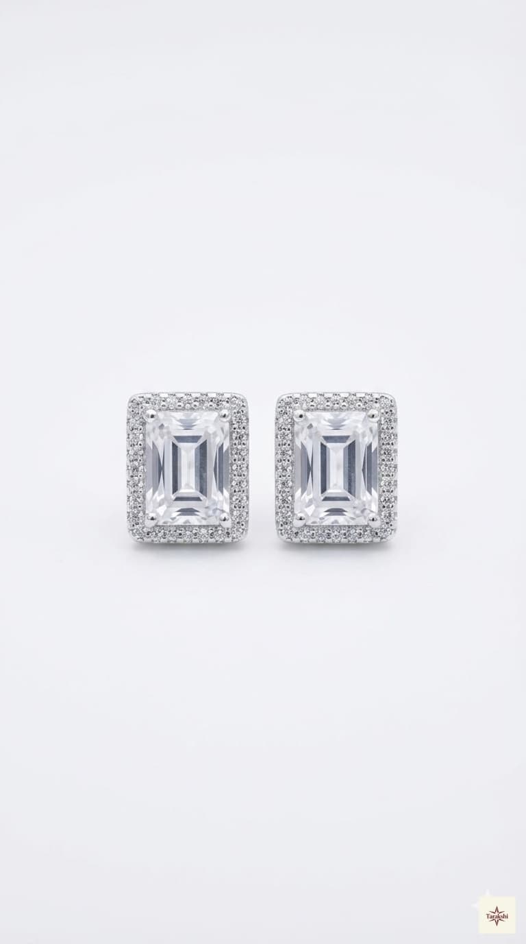 Emerald Cut Zircon Halo Stud Earrings image 1