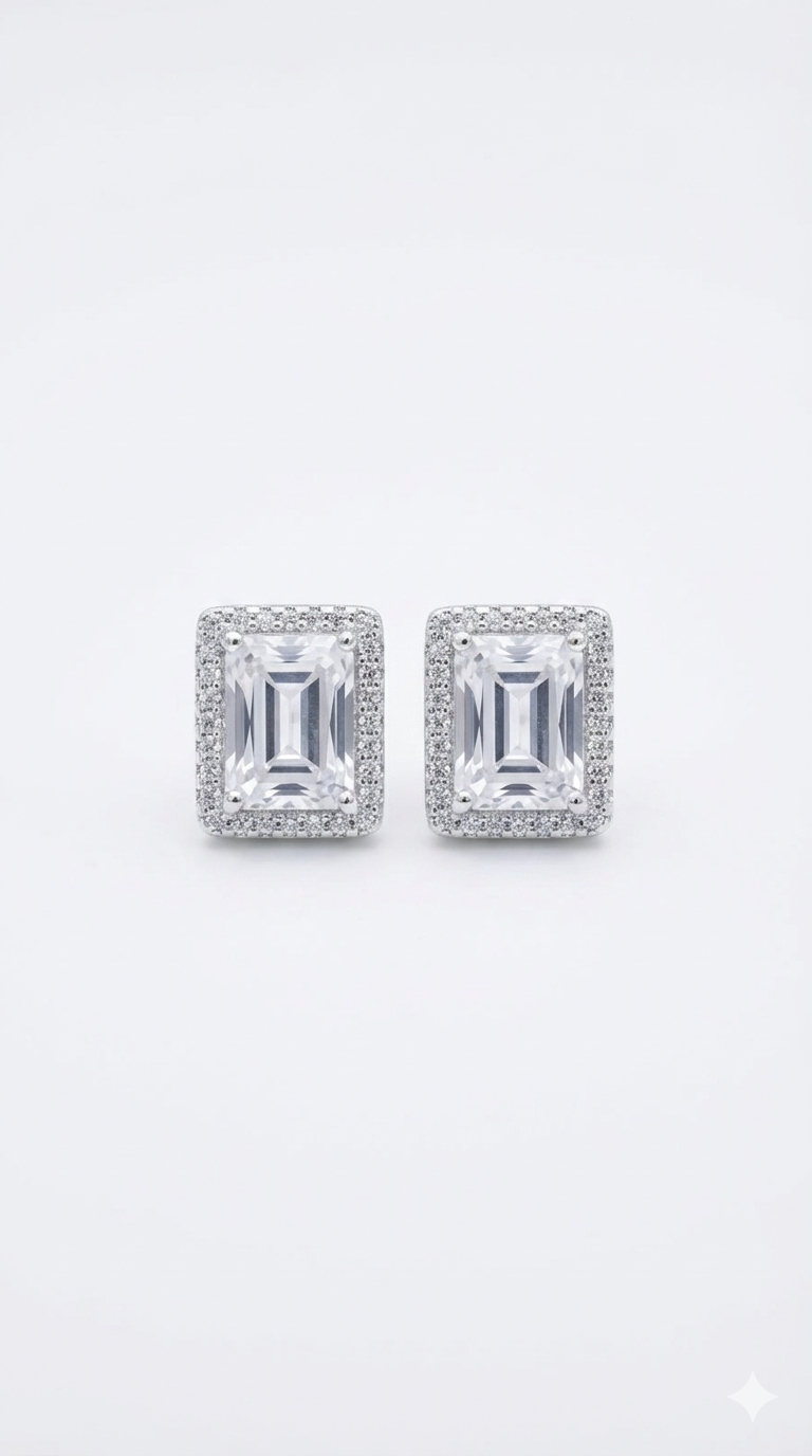 Emerald Cut Zircon Halo Stud Earrings