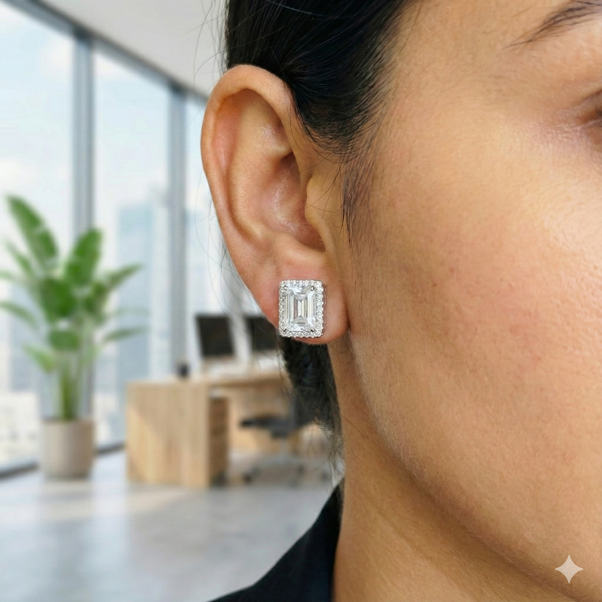 Emerald Cut Zircon Halo Stud Earrings thumbnail 2