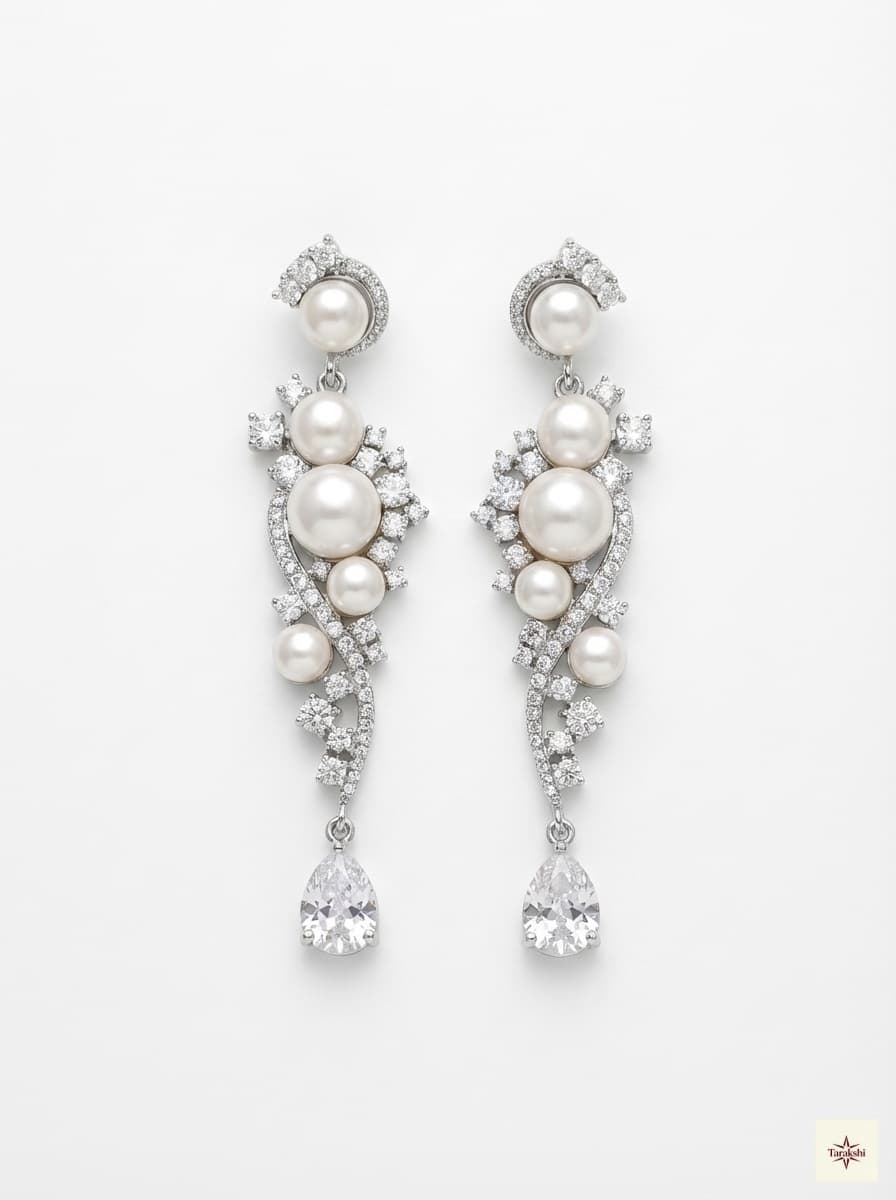 Pearl and Zircon Cascade Drop Earrings