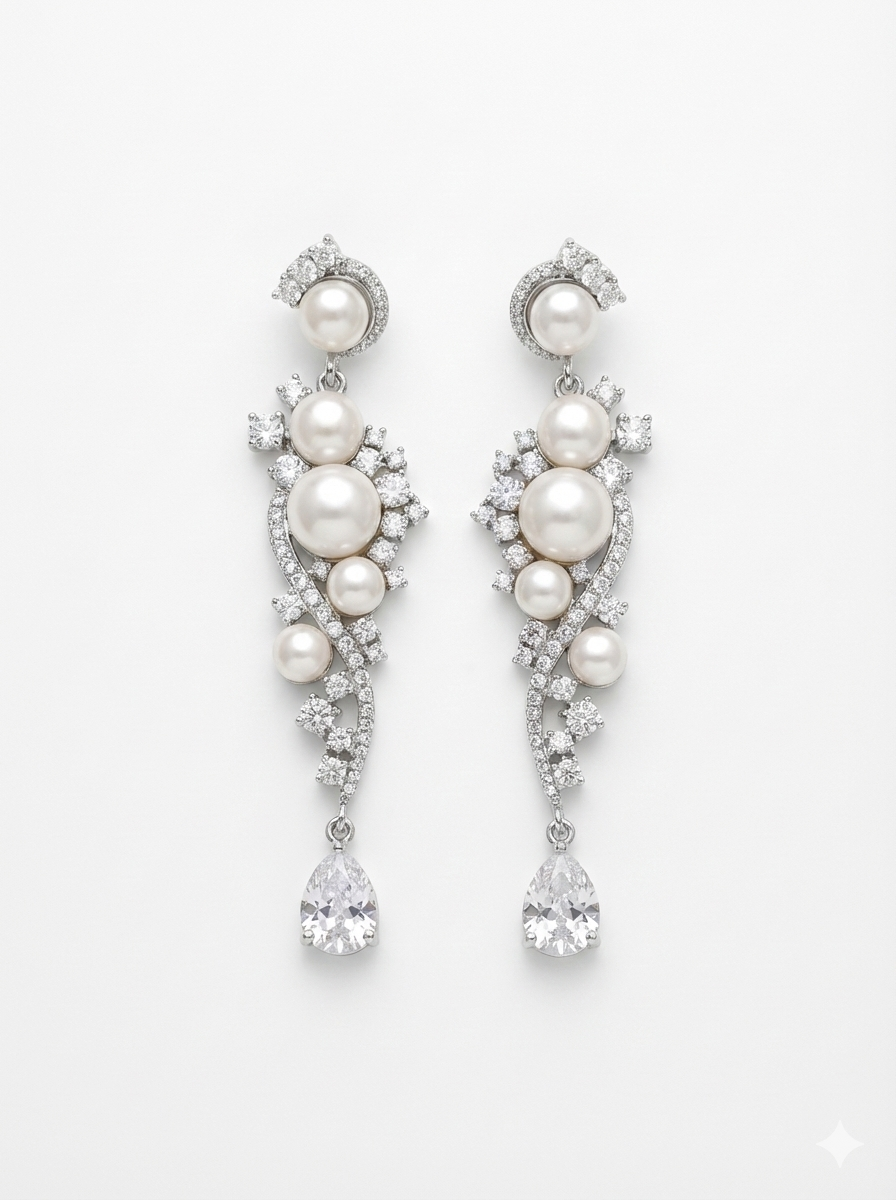 Pearl and Zircon Cascade Drop Earrings image 1