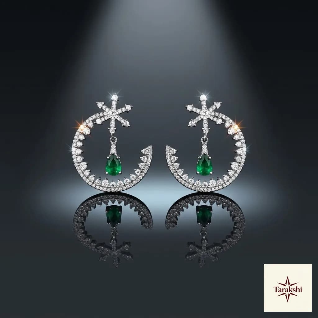 Celestial Crescent & Star Emerald Sterling Silver Earrings