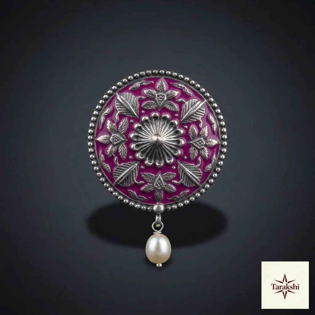 Oxidized Silver Magenta Enamel Floral Pearl Drop Earrings