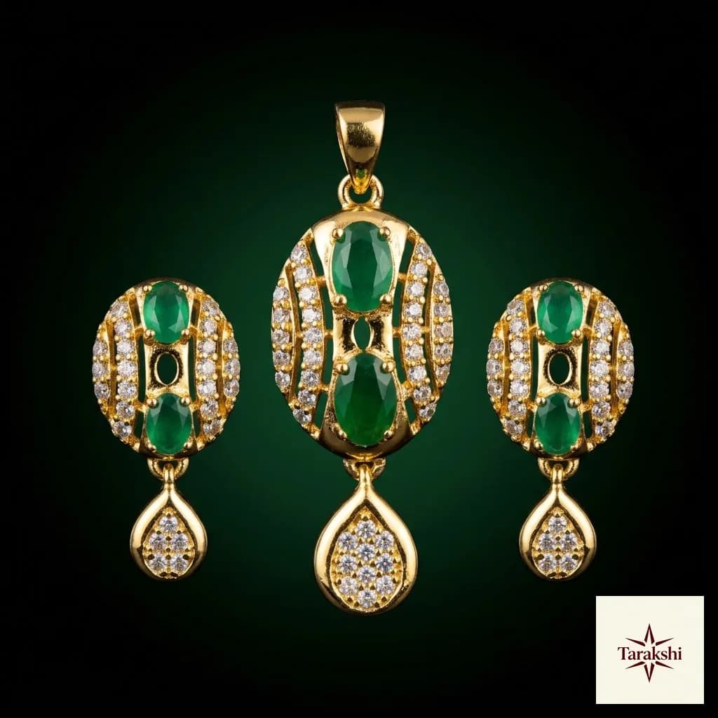 Emerald Green Gold Plated Silver Pendant & Earrings Set image 1