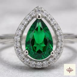 Emerald Green Pear Halo 925 Sterling Silver Ring - Adjustable thumbnail 2