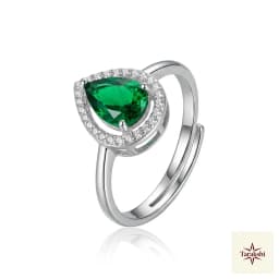 Emerald Green Pear Halo 925 Sterling Silver Ring - Adjustable thumbnail 1