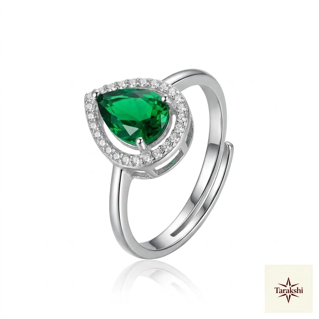 Emerald Green Pear Halo 925 Sterling Silver Ring - Adjustable