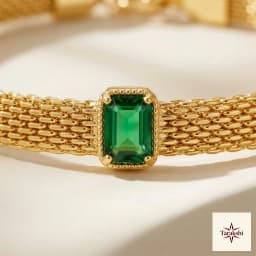 Gold-Plated Mesh Bracelet with Emerald Green Gemstones thumbnail 2