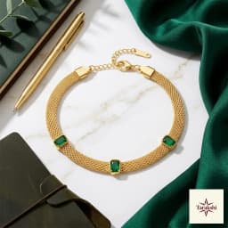 Gold-Plated Mesh Bracelet with Emerald Green Gemstones thumbnail 3
