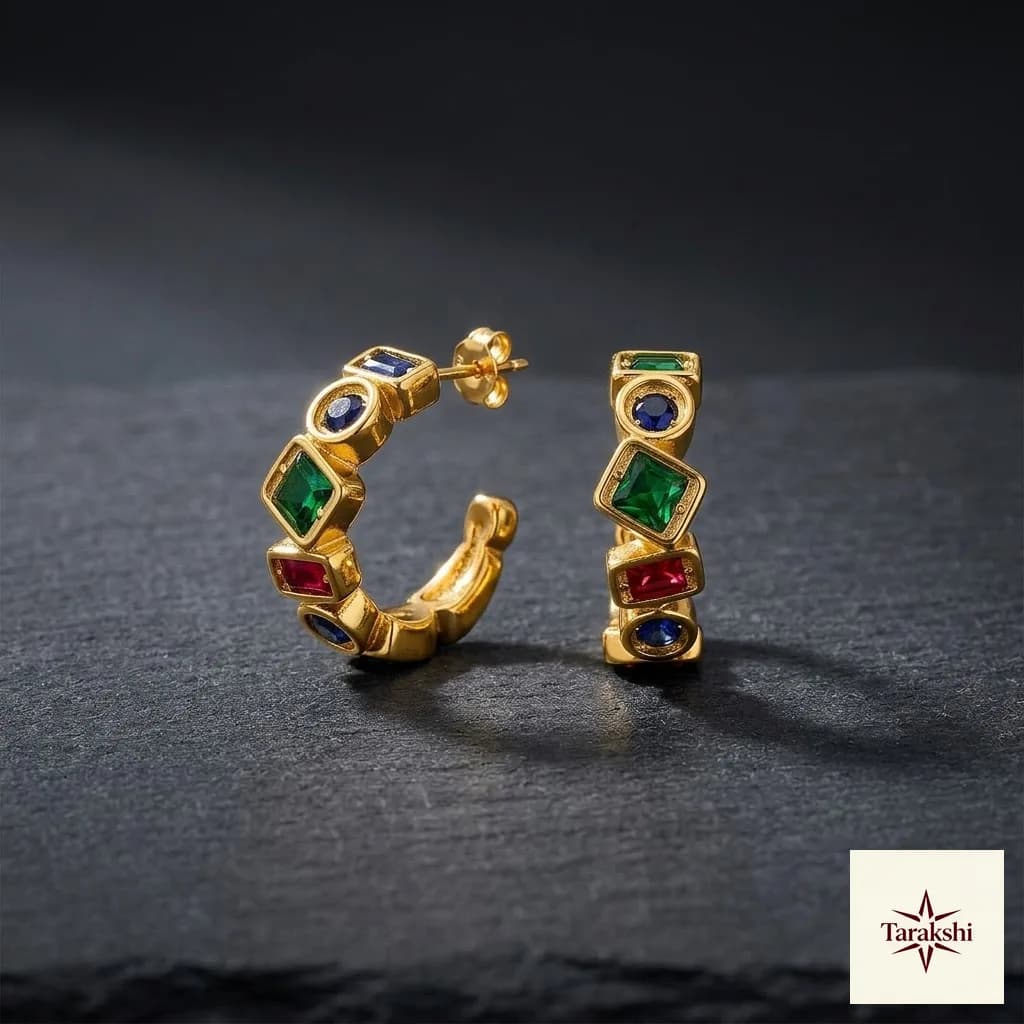 Vibrant Multi-Gemstone Gold-Plated Silver Hoop Earrings