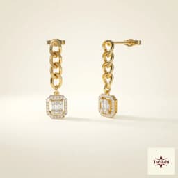Gold Plated Chain Dangle Earrings with Baguette & Round CZ thumbnail 1