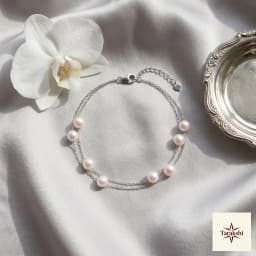 Delicate Double Chain Silver Pearl Bracelet thumbnail 3