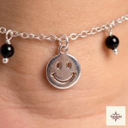 Playful Smiley Charm Silver Anklet with Black Beads thumbnail 2