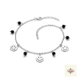 Playful Smiley Charm Silver Anklet with Black Beads thumbnail 1