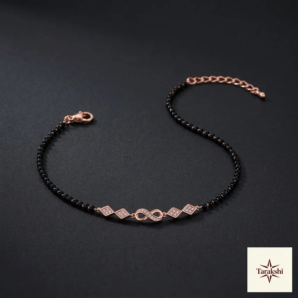Rose Gold Plated Black Beaded Sterling Silver Anklet image 1