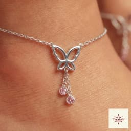 Delicate Butterfly Silver Anklets with Pink Gemstones thumbnail 2