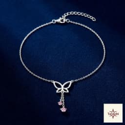 Delicate Butterfly Silver Anklets with Pink Gemstones thumbnail 1