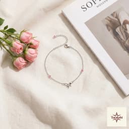 Delicate Silver Bow Anklet with Pink Crystals thumbnail 3