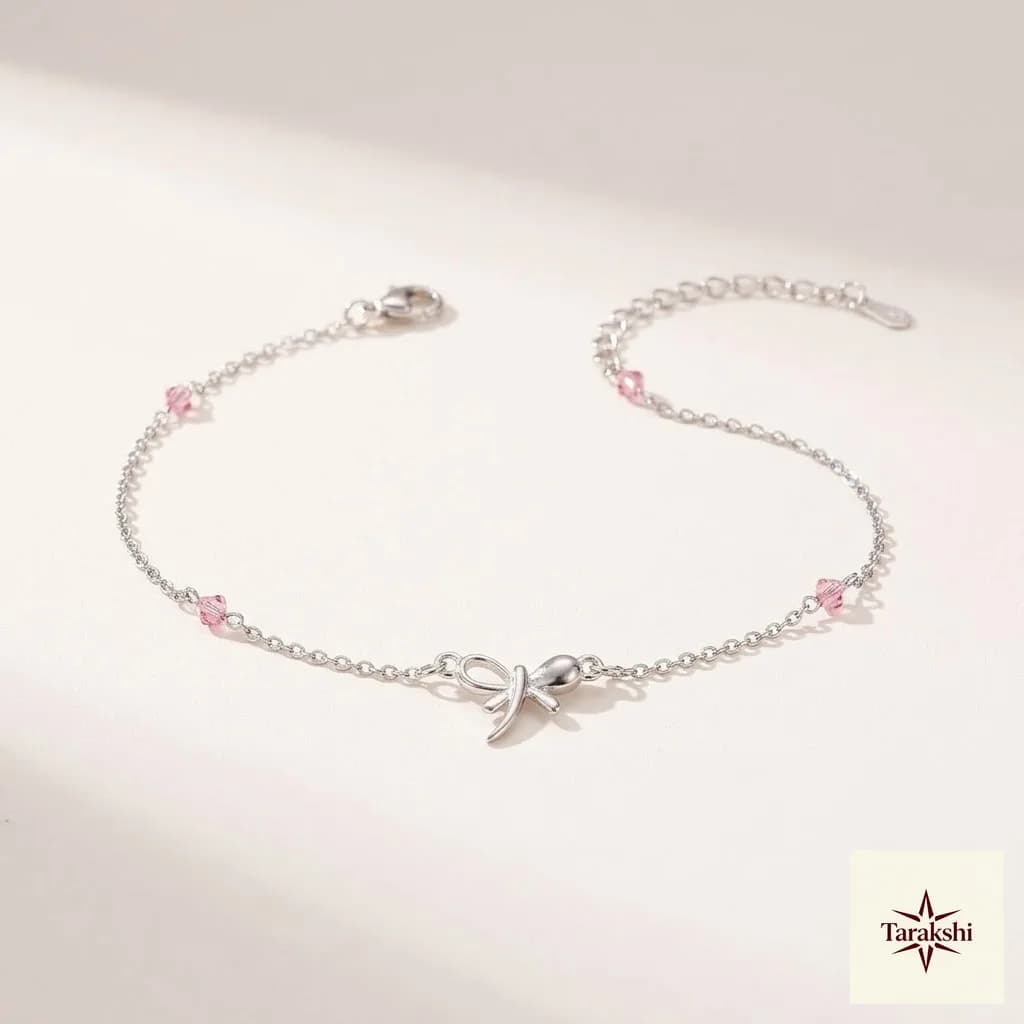 Delicate Silver Bow Anklet with Pink Crystals image 1