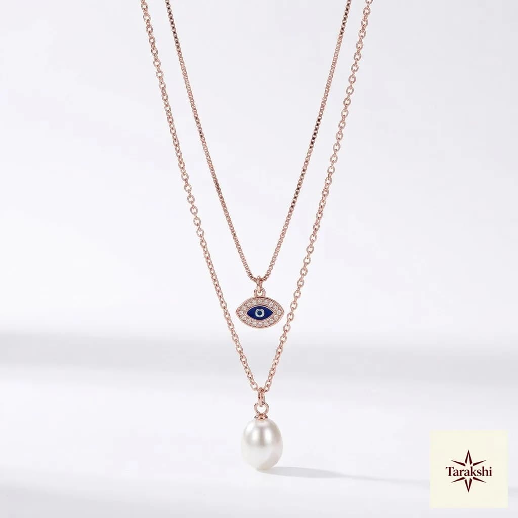 Rose Gold Plated Layered Evil Eye & Pearl Necklace