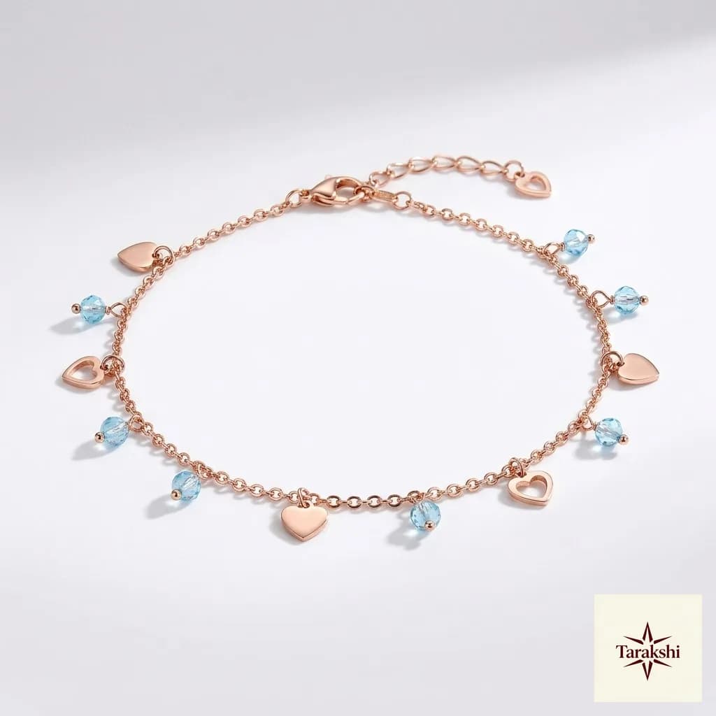 Rose Gold Plated Silver Dainty Heart & Blue Bead Anklet