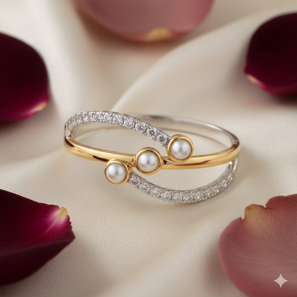 Intertwined Hearts Pearl & AD Gold-Plated Bangle thumbnail 1