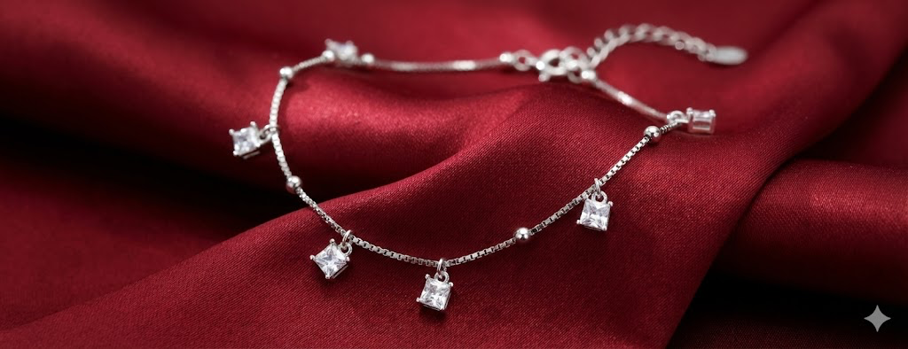 Princess Cut Zircon Charm Silver Anklet thumbnail 2