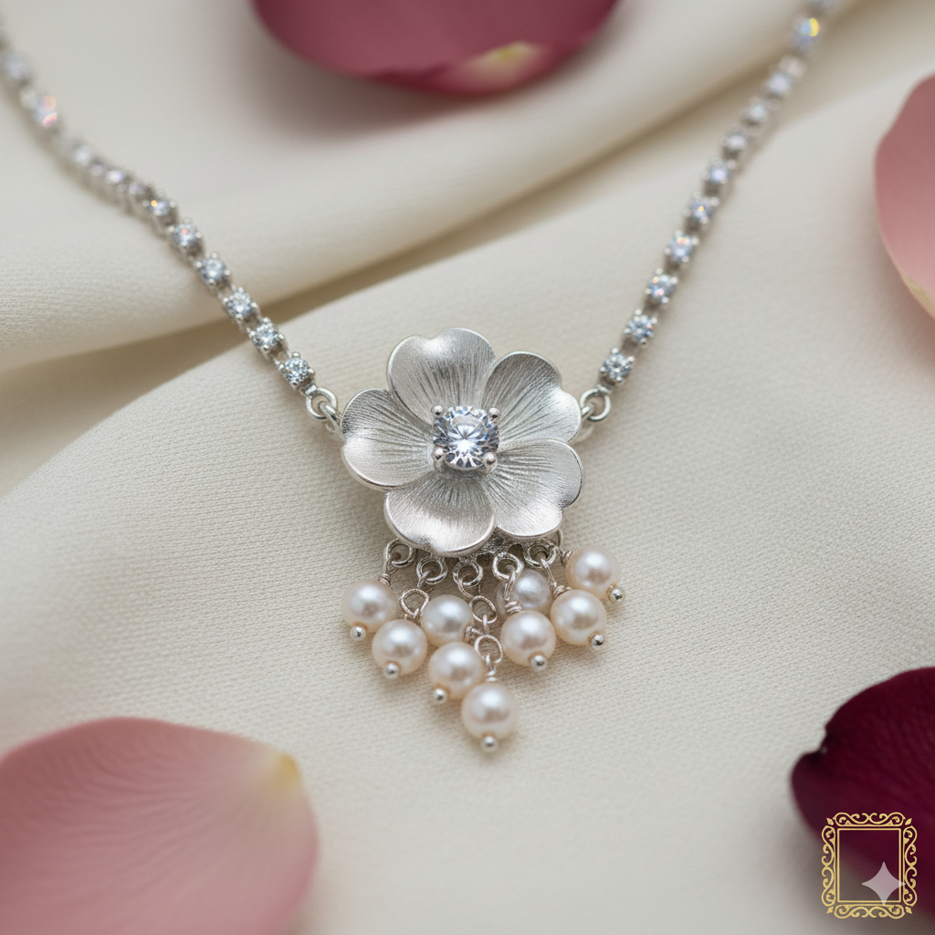 Radiant Blossom Pearl & AD Silver Necklace thumbnail 1