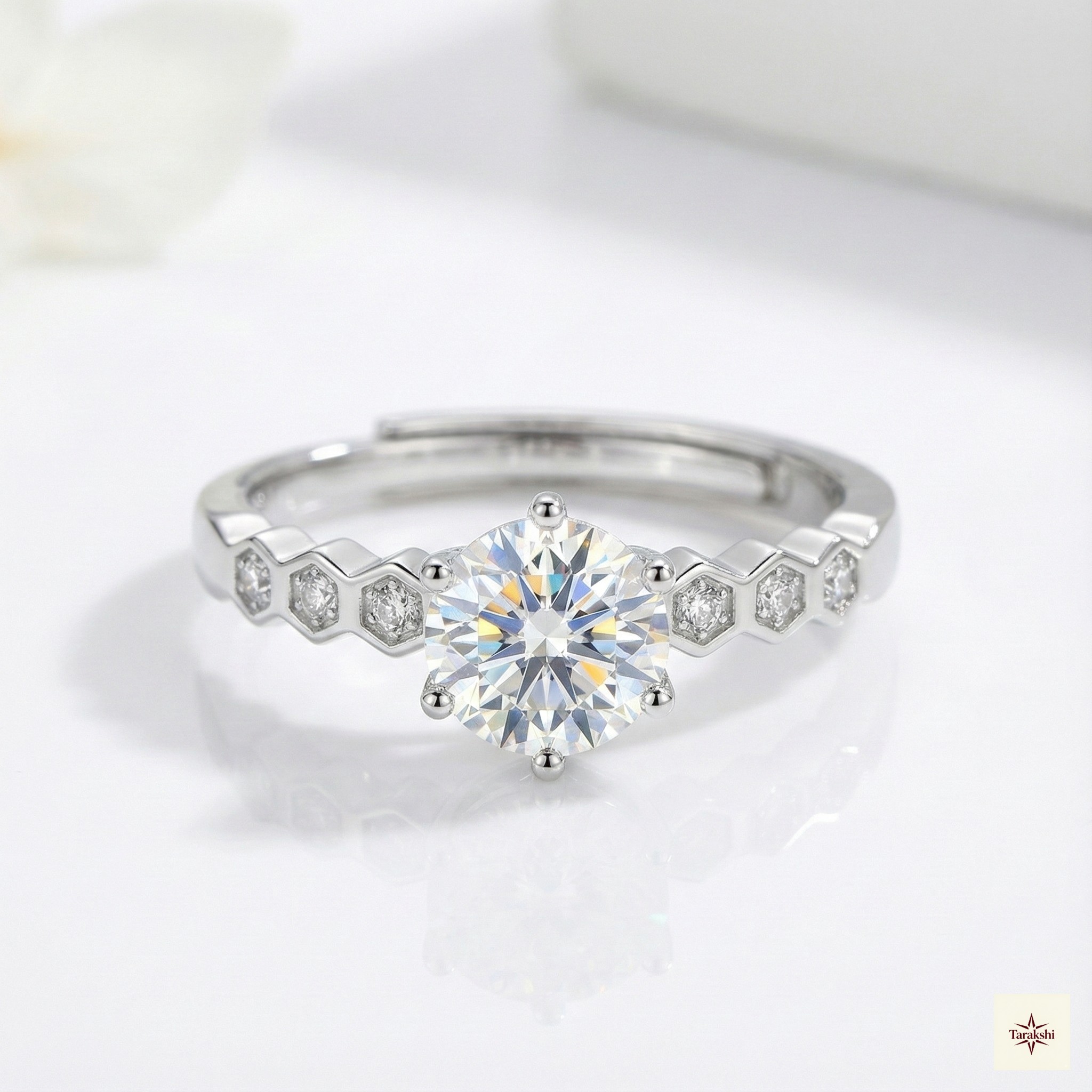 Silver Hexagon Band Solitaire Ring image 1